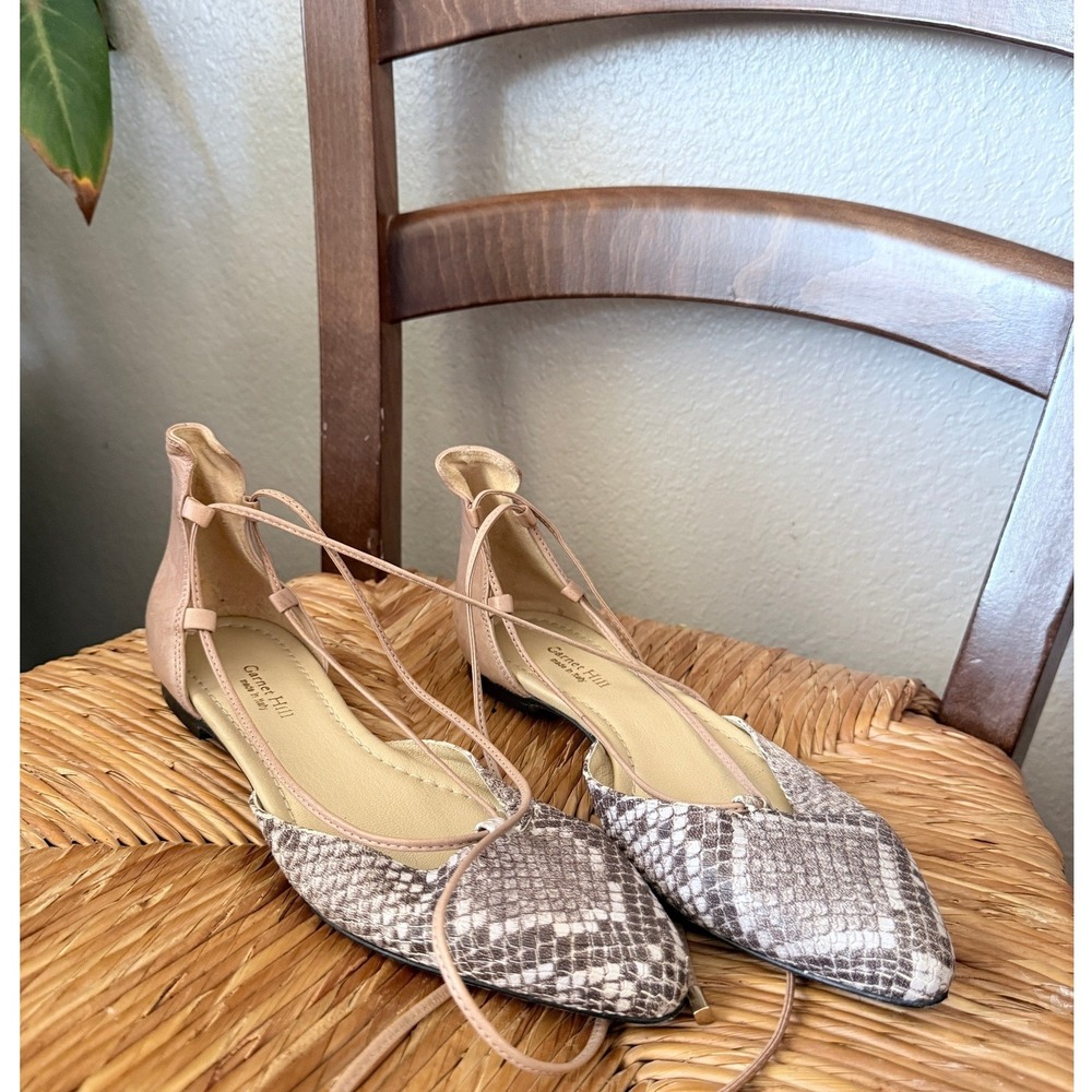 Garnet Hill Womens 7.5 Snakeskin Lace Up Pointed Toe Leather Flats Made in Italy